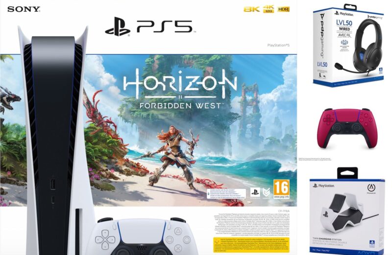 Console PS5 BluRay Edition –  Horizon Forbidden West Special Bundle –  LVL50 + Twin Controller Charger Station+ 2nd DualSense Red